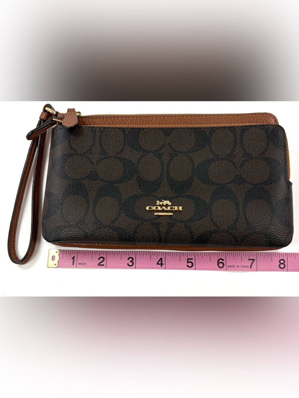 Coach Signature Double Zip Wristlet Wallet Brown Canvas & Leather EUC - Picture 9 of 10